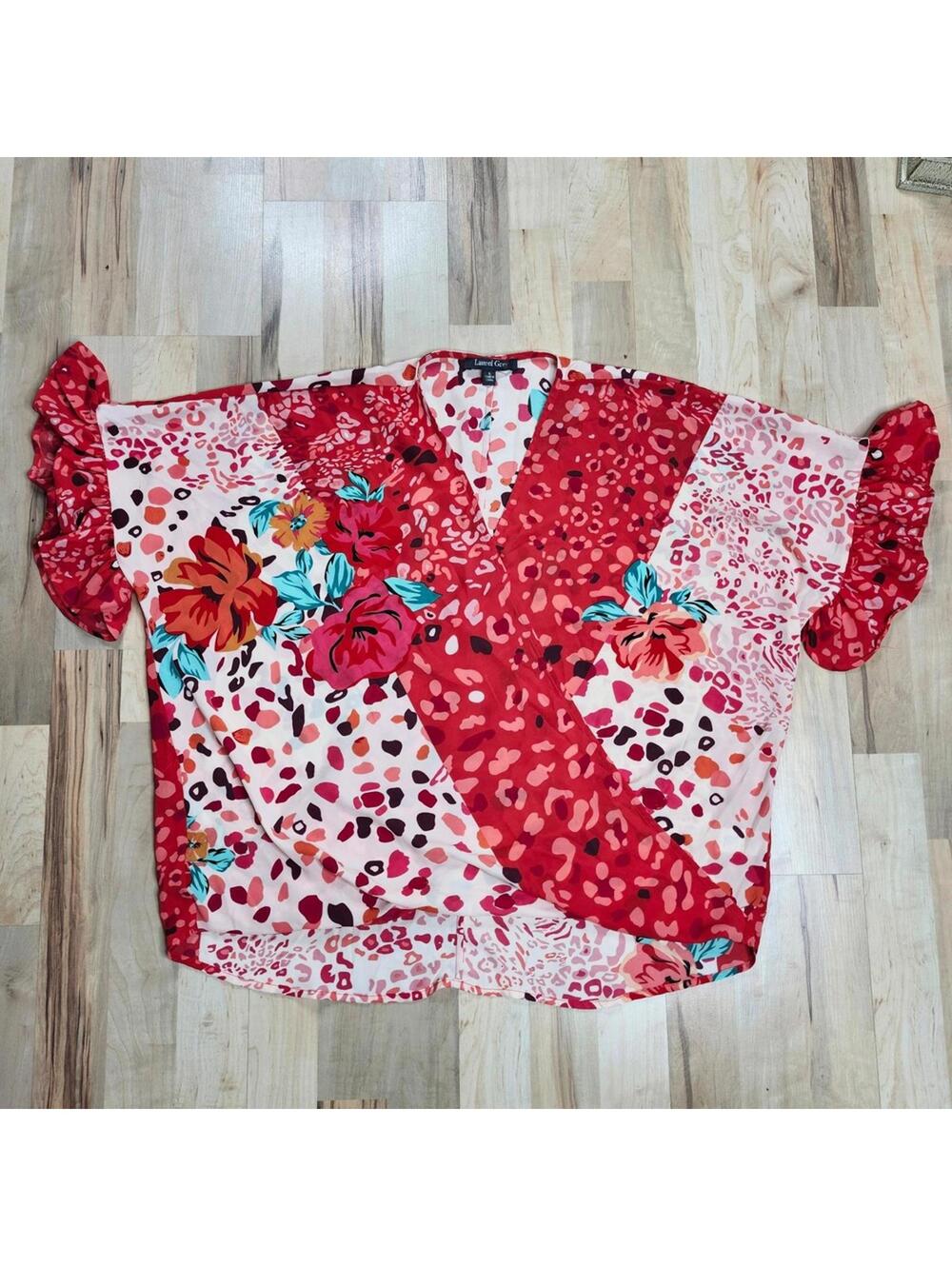 Laurel Grey Floral Print Blouse Ruffle Sleeve V Neck Top Red Pink Size S